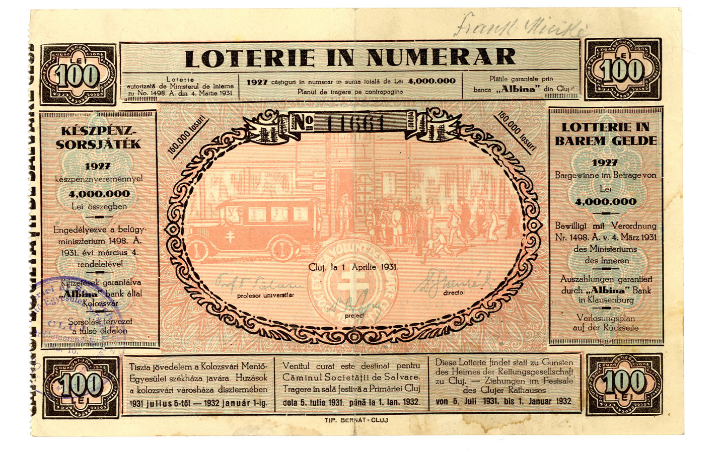 Loterie pentru Căminul Societății de Salvare Cluj, 1 aprilie 1931