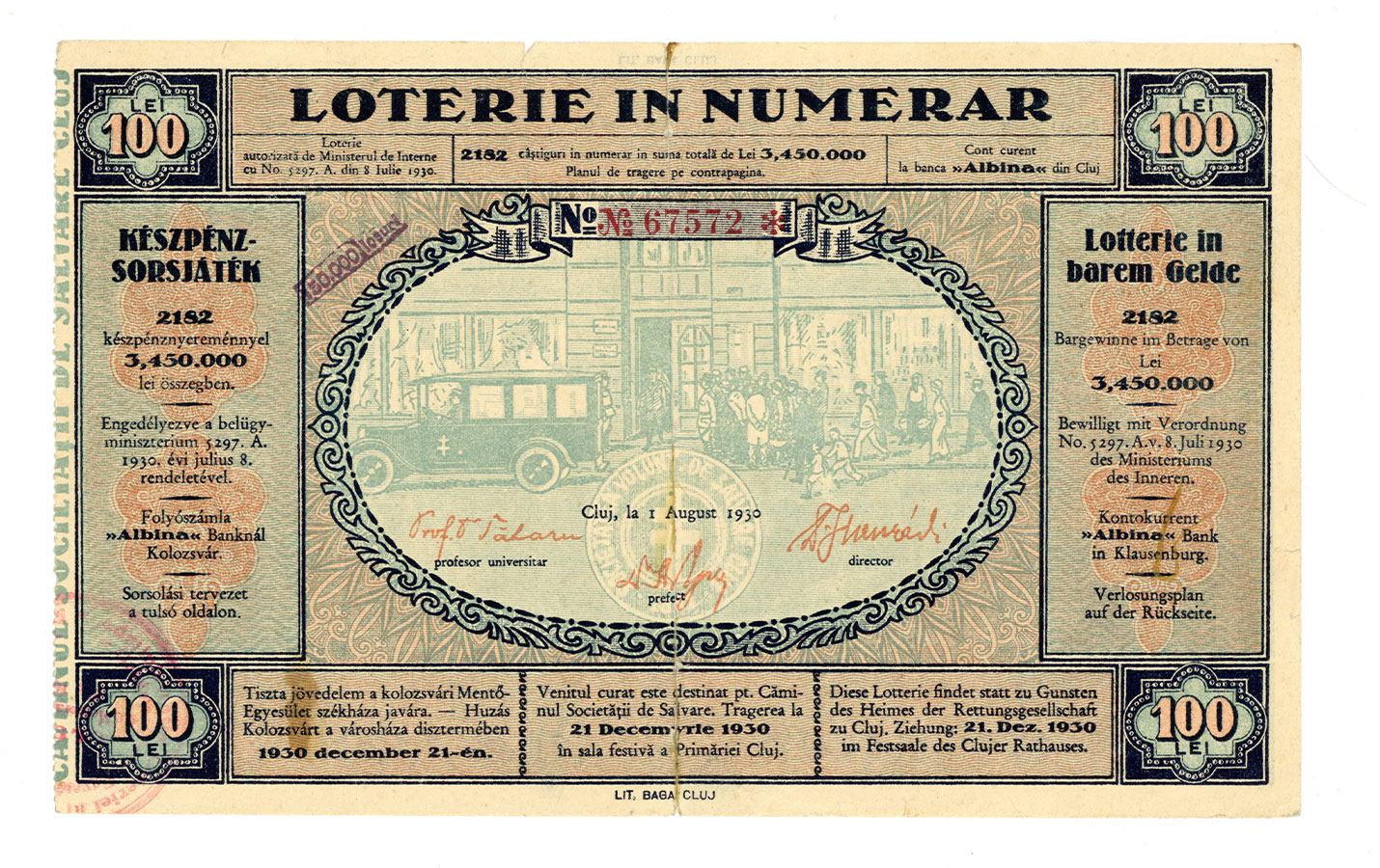 Loterie pentru Căminul Societății de Salvare Cluj, 1 august 1930