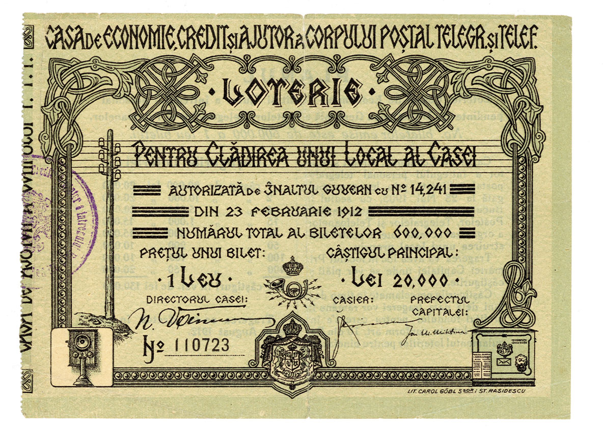 CASA DE ECONOMIE, CREDIT ȘI AJUTOR A CORPULUI POȘTAL, TELEGRAFIC ȘI TELEFONIC. LOTERIE PENTRU CLĂDIREA UNUI LOCAL AL CASEI