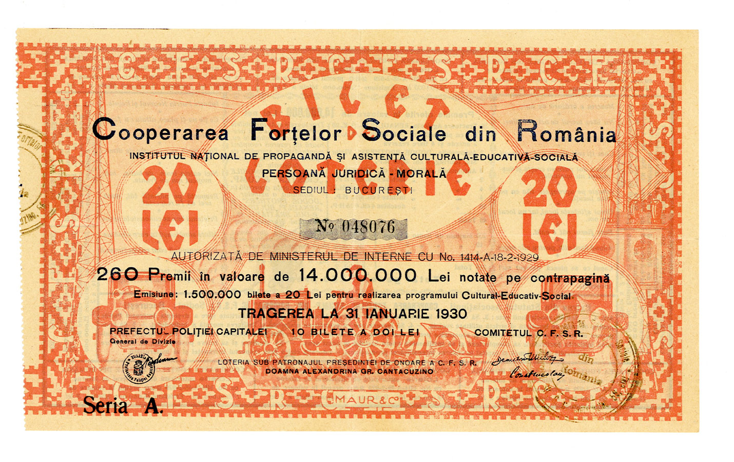 BILET LOTERIE „COOPERAREA FORȚELOR SOCIALE DIN ROMÂNIA / INSTITUTUL NAȚIONAL DE PROPAGANDĂ ȘI ASISTENȚĂ CULTURALĂ-EDUCATIVĂ-SOCIALĂ / PERSOANĂ JURIDICĂ MORALĂ”, BUCUREȘTI