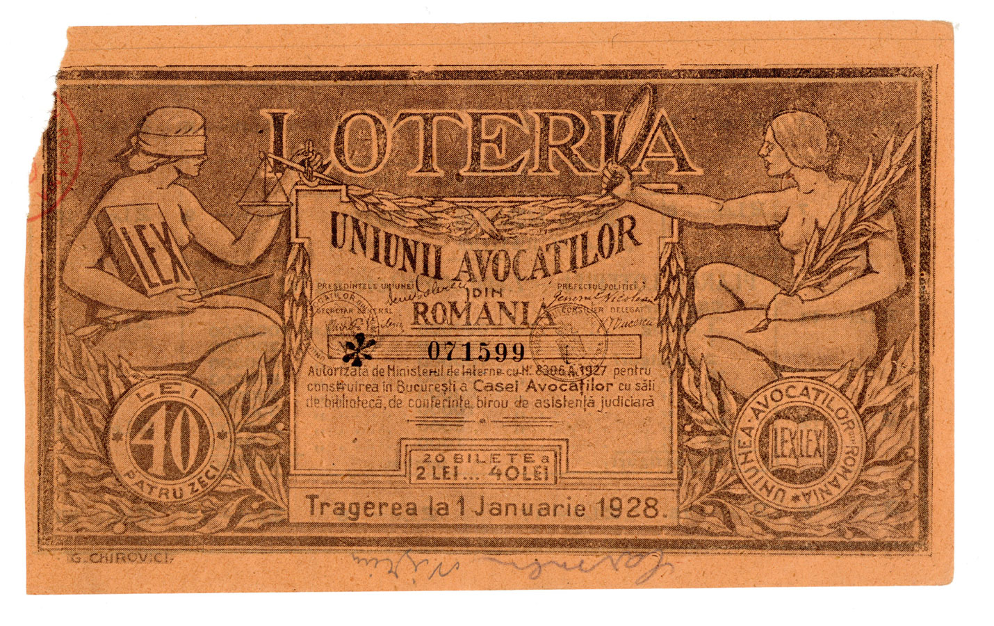 LOTERIA UNIUNII AVOCAȚILOR DIN ROMÂNIA, PENTRU CONSTRUIREA ÎN BUCUREȘTI A CASEI AVOCAȚILOR CU SĂLI DE BIBLIOTECĂ, DE CONFERINȚE, BIROU DE ASISTENȚĂ JUDICIARĂ