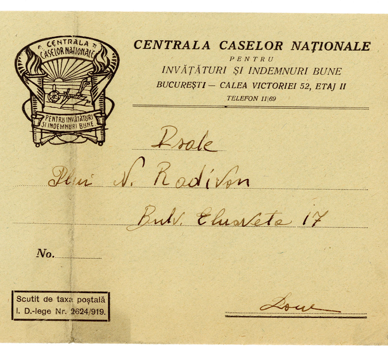 Bilet de tombolă – Centrala Caselor Naționale, însoțit de învitație de participare la tombolă și plic adresat bijutierului Nicolae Radivon